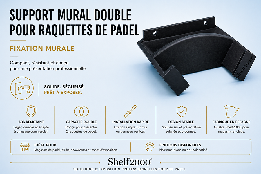 Infographie du support mural double Shelf2000 en ABS pour exposer deux raquettes de padel, avec fixation murale, protection EVA et trois finitions disponibles.